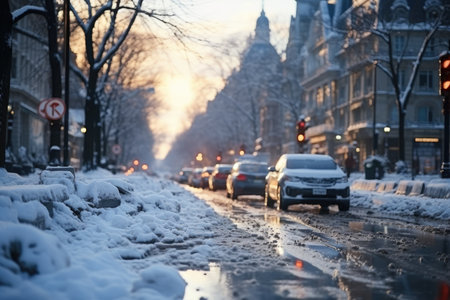 The Beginning of winter is bustling in the white snowy city professional photographyの素材