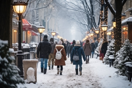 The Beginning of winter is bustling in the white snowy city professional photographyの素材