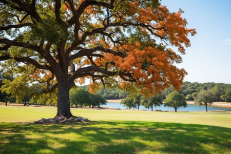 standing under the shade of a large oak tree with orange leaves professional photographyの素材