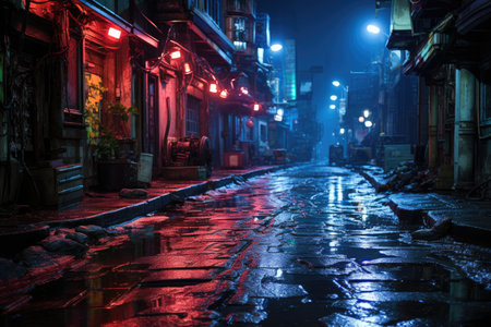 street line area at night in the style of cyberpunk professional photographyの素材