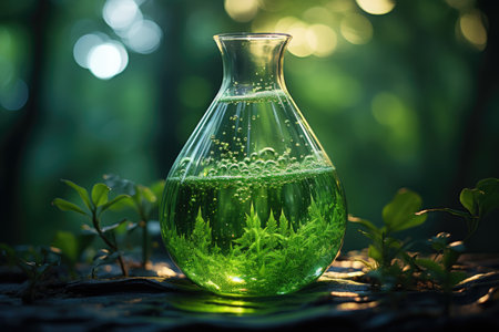 green chemistry beaker with liquid and new seeds growing professional photographyの素材