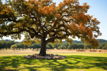 standing under the shade of a large oak tree with orange leaves professional photographyの素材