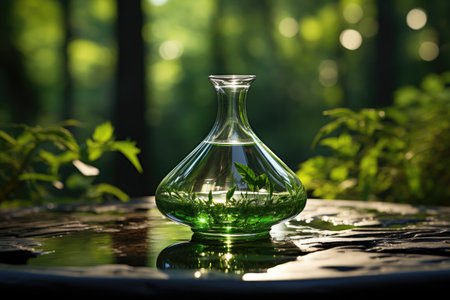 green chemistry beaker with liquid and new seeds growing professional photographyの素材