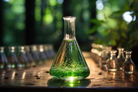 green chemistry beaker with liquid and new seeds growing professional photographyの素材
