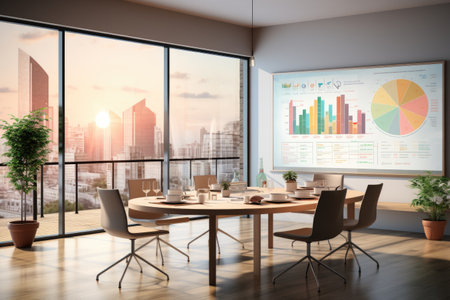 round table in a spacious bright office with a panoramic view professional photographyの素材