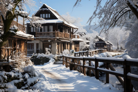 Snow-covered villages, old cities, planted many large trees professional photographyの素材