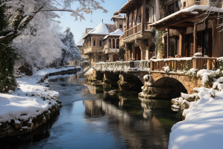 Snow-covered villages, old cities, planted many large trees professional photographyの素材