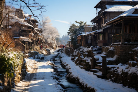 Snow-covered villages, old cities, planted many large trees professional photographyの素材