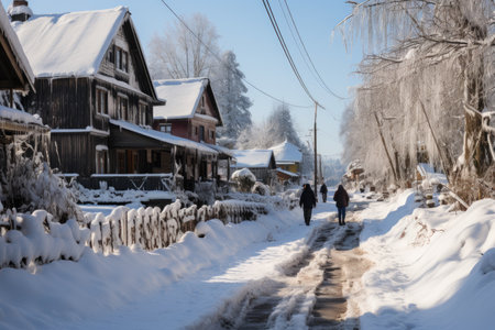 Snow-covered villages, old cities, planted many large trees professional photographyの素材