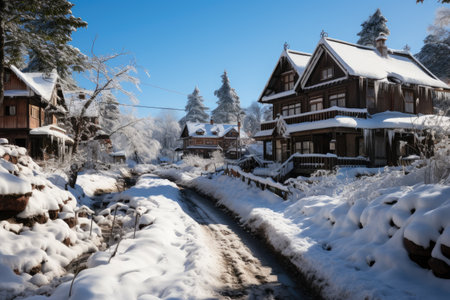 Snow-covered villages, old cities, planted many large trees professional photographyの素材
