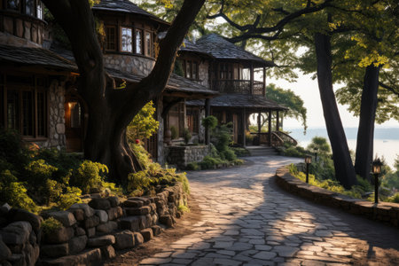 The cobblestone rocky road is winding and tree lined professional photographyの素材