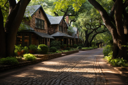 The cobblestone rocky road is winding and tree lined professional photographyの素材