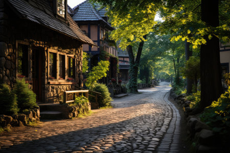 The cobblestone rocky road is winding and tree lined professional photographyの素材