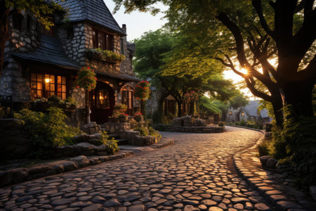 The cobblestone rocky road is winding and tree lined professional photographyの素材