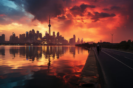 the city sky seemed to be on fire and the sky turned black professional photographyの素材