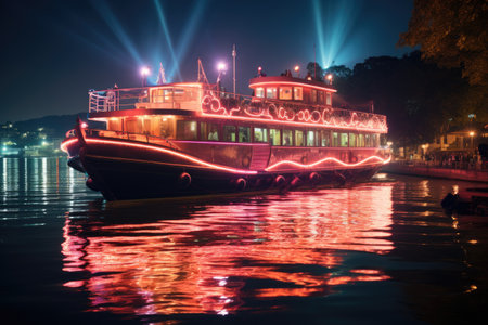 paddle steamer boat with neon at night professional photographyの素材