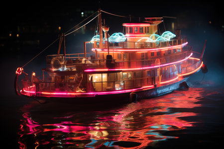 paddle steamer boat with neon at night professional photographyの素材