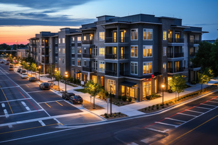 apartment building in the middle of summer street professional photographyの素材