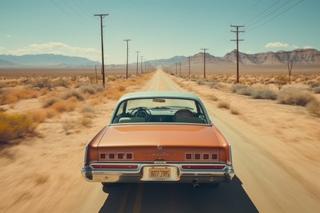 Antique car driving on a desert road professional photographyの素材
