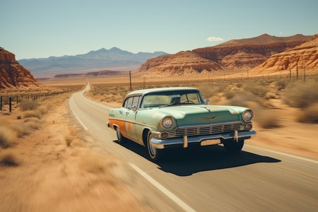 Antique car driving on a desert road professional photographyの素材