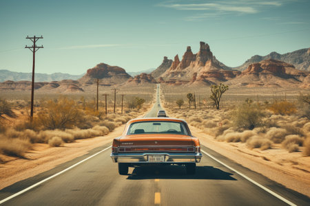 Antique car driving on a desert road professional photographyの素材