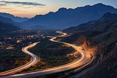 empty asphalt road in green meadow drone view professional photographyの素材