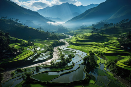 top down of beautiful view of the land terracing rice peaceful landscapes professional photographyの素材