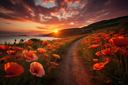 Landscape with nice sunset over flower field professional photographyの素材