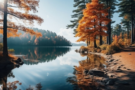 autumn leaves autumn landscape with lake and trees professional photographyの素材