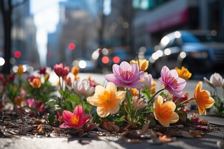 flowers bloom in the busy early spring season in the city professional photographyの素材