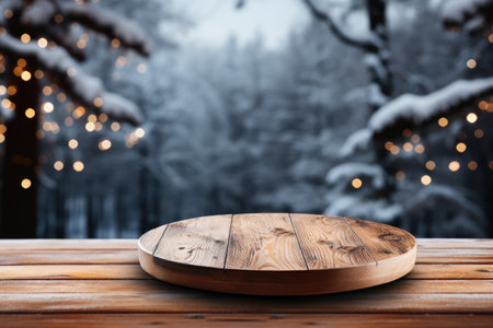 Wooden deck table with blurred snow background professional photographyの素材