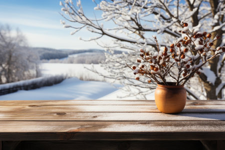 Wooden deck table with blurred snow background professional photographyの素材