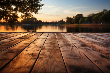 Wooden deck table with blurred lake background professional photographyの素材
