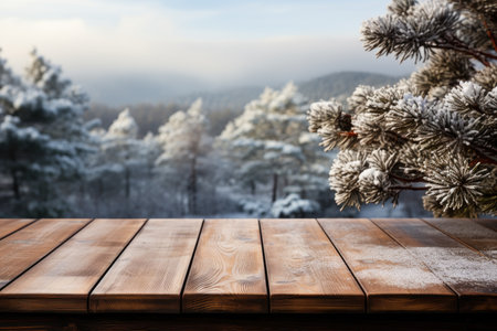 Wooden deck table with blurred snow background professional photographyの素材