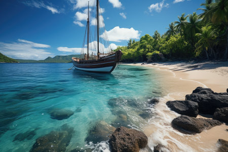 sailing yacht against the backdrop of island beaches and ocean waves professional photographyの素材