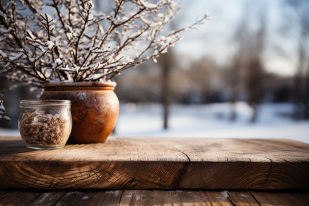 Wooden deck table with blurred snow background professional photographyの素材
