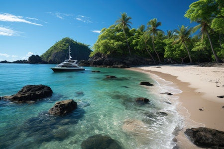 sailing yacht against the backdrop of island beaches and ocean waves professional photographyの素材