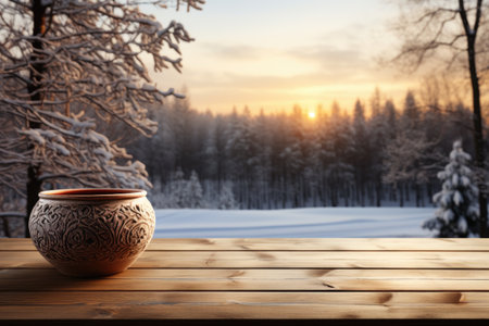 Wooden deck table with blurred snow background professional photographyの素材