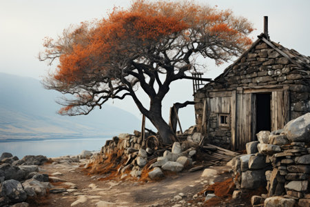 a wooden building in the middle of the trees professional photographyの素材