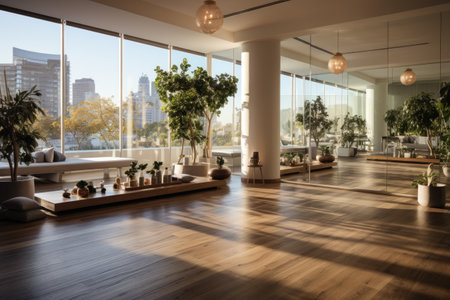 Photo of a modern yoga room with panoramic windows professional photographyの素材