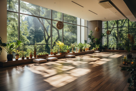 Photo of a modern yoga room with panoramic windows professional photographyの素材