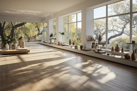 Photo of a modern yoga room with panoramic windows professional photographyの素材