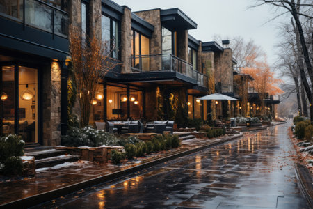 a modern townhouse amidst winter brick steel professional photographyの素材