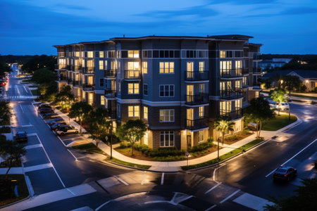 top down apartment building in the middle of a summer street view professional photographyの素材