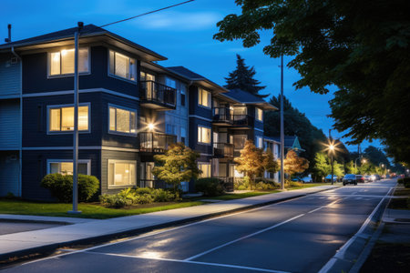 top down apartment building in the middle of a summer street view professional photographyの素材