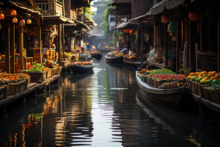 traditional floating market with canoes professional photographyの素材