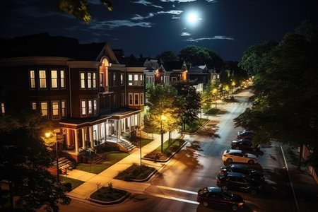 top down apartment building in the middle of a summer street view professional photographyの素材