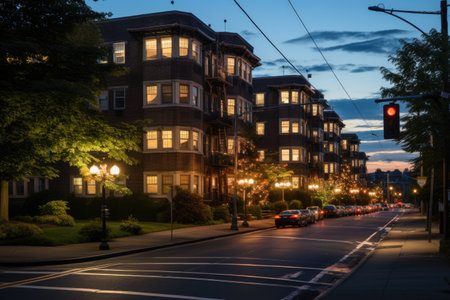 top down apartment building in the middle of a summer street view professional photographyの素材
