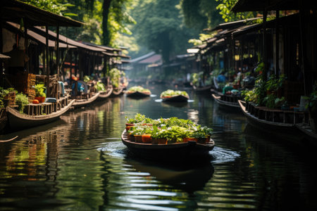 traditional floating market with canoes professional photographyの素材