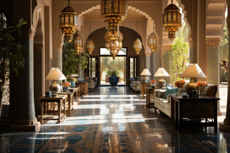 the ornate tiled courtyard of this Moroccan building professional advertising photographyの素材